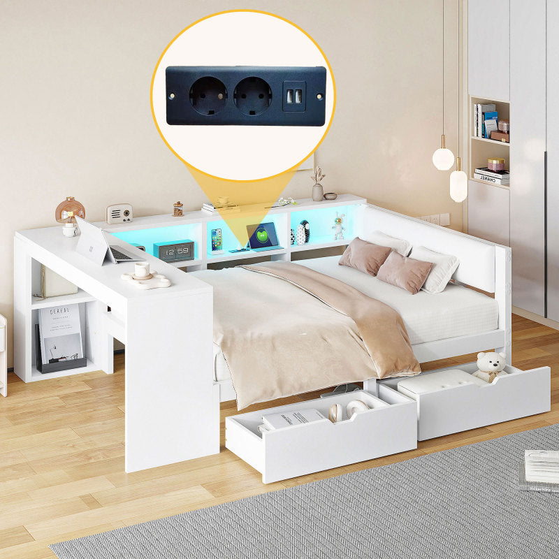 140x200 Holz-Plattformbett mit Ablageflächen, Schubladen, Ladestation und gepolstertem Kopfteil, Mit bunten LED-Leuchten, Weiß