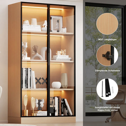 Glasvitrine, Eiche-Optik, 70×40×160 cm: LED-beleuchteter Vitrinenschrank mit gehärtetem Glas und Einlegeböden, ideal für Sammlungen, Bücher und Wein.