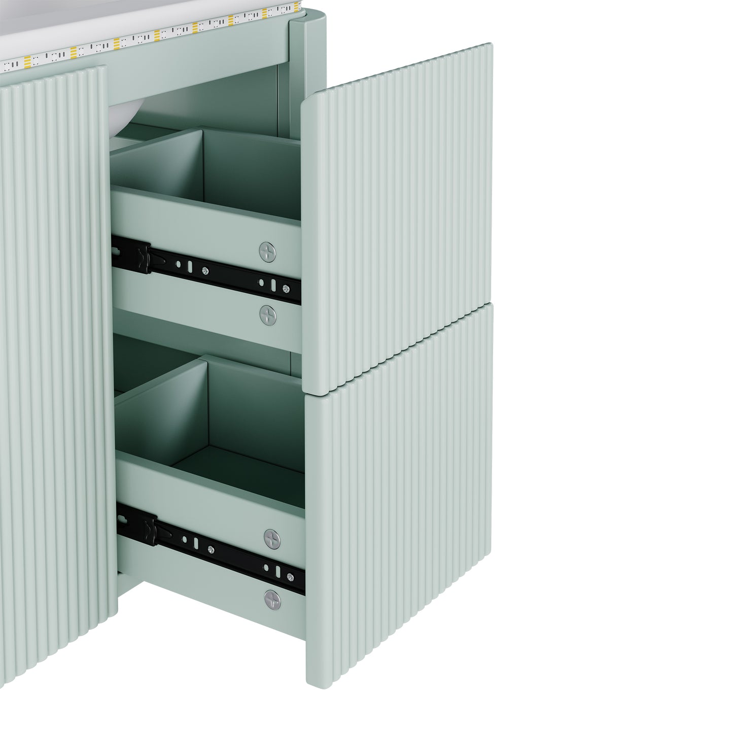 Badezimmerschrank Wandhängend 80cm Grün, 3D-Struktur & LED-Sensor, Waschtisch mit Keramikbecken, 4 leise Schubladen, Lackiert, Anti-Stoß