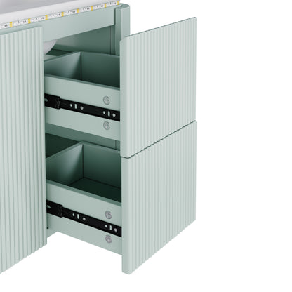 Badezimmerschrank Wandhängend 80cm Grün, 3D-Struktur & LED-Sensor, Waschtisch mit Keramikbecken, 4 leise Schubladen, Lackiert, Anti-Stoß