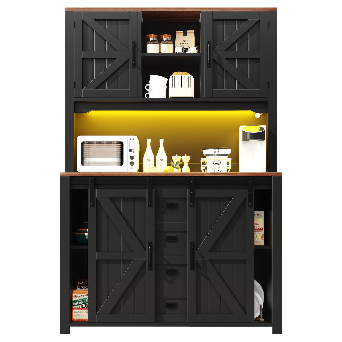 Küchenschrank 115x40x174,7cm hohes Sideboard Schwarz mit App-LED-Beleuchtung, X-Design Schiebetüren, 2 Schubladen & Magnetklappen