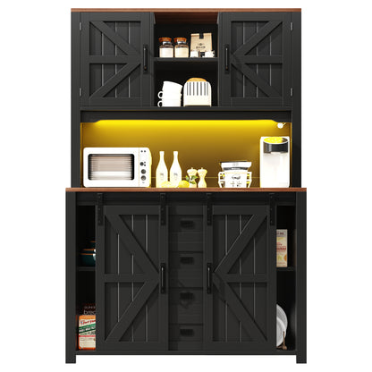 Küchenschrank 115x40x174,7cm hohes Sideboard Schwarz mit App-LED-Beleuchtung, X-Design Schiebetüren, 2 Schubladen & Magnetklappen