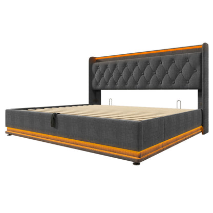 Polsterbett Doppelbett, 360-Surround-LED-Funktion, Drucktaste/App/Fernbedienung,180*200 cm,Grau Leinen-Material Hydraulisches Lagerbett, gepolstertes Kopfteil mit USB Typ-C Ladefunktion(Ohne Matratze)