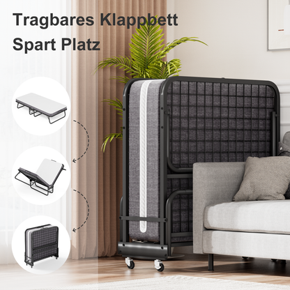 Klappbett 90x190cm mit 10cm Memory Foam Matratze – Faltbares Gästebett auf Rollen bis 150kg, inkl. Staubschutzhülle & Waschbarem Bezug