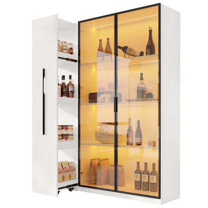 Multifunktionsschrank 110,5x35x160cm - LED-Vitrine mit bernsteinfarbenem Glas, Seitenauszug & Rollen - Weißer Hochschrank im modernen Stil