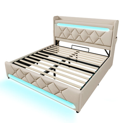 Polsterbett Doppelbett 160*200, Stauraum Kopfteil mit USB und Typ C-Port ,360-Surround-LED-Funktion rund um Kopf- und Fußende des, Betten mit Hydraulisch Stauraum, Beige , Leinen(Ohne Matratze)