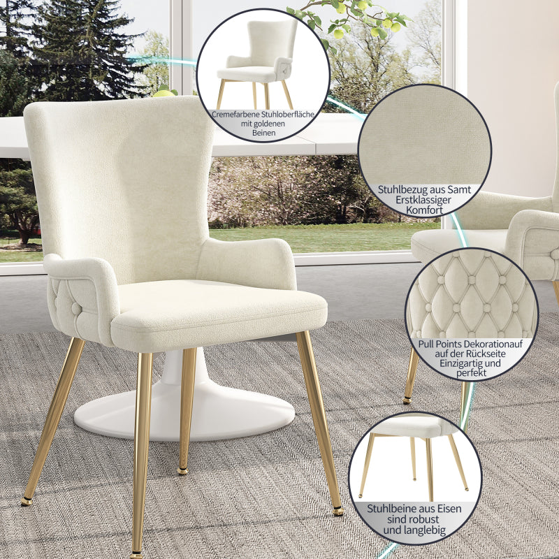 Samt-Esszimmerstuhl, 4er-Set, Loungesessel mit vier goldfarbenen Metallstützbeinen, Beige