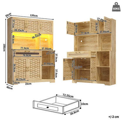 Hochschrank 120x40x180cm Vitrine mit LED-App-Steuerung & Musikmodus, Küchenschrank Natur Holzoptik, MDF-Geflecht & Glastüren