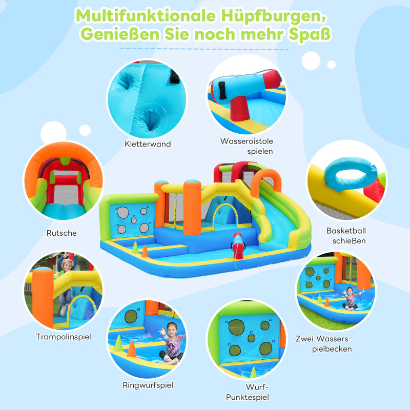 [Ganzjähriger Spielspaß] Hüpfburg mit Gebläse Multifunktionaler Wasserpark+Trampolinpark für Kinder, Inklusive 450W-Gebläse