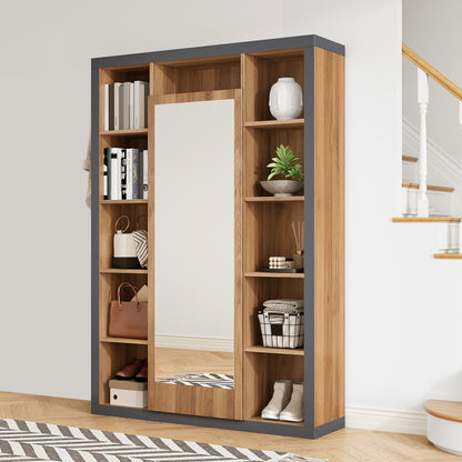 Garderobengestell mit Spiegel, Multifunktions Garderobe und Vitrine, Bücherregal Kombination mit Abtropfschale, Haken und Kleiderbügeln