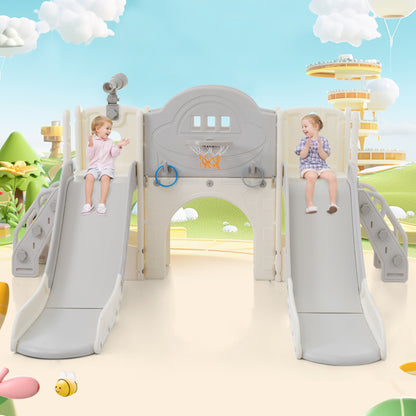 8 in 1 Kinderrutsche Kletterspielzeug, Multifunktionsrutsche mit 2 Rutschen, freistehende Rutsche, Klettern, Bohrspiel, Stauraum, Spielkorridor, Basketballkorb, Lasso-Spiel, Teleskop. Hergestellt aus