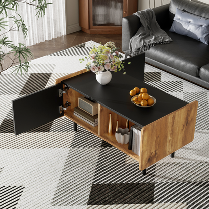 90 cm Schwarze und Holzfarbene Couchtisch – Moderner Stil, Zwei Offene Fächer und Zwei Türen, Dämpfende Scharniere