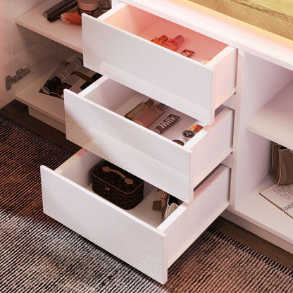 Kommode, Hochglanz Sideboard mit 2 Türen und 3 Schubladen, LED Beleuchtung (App Control), Mehrzweckschrank für Wohnzimmer und Schlafzimmer, 81 x 140 x 39 cm, Weiß