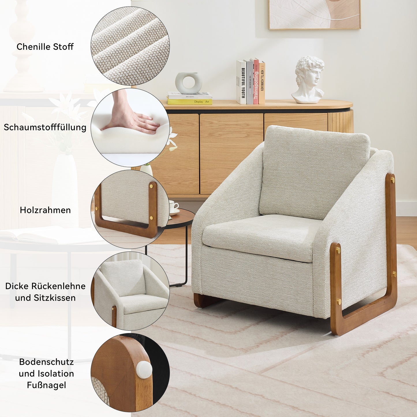 Sessel, Akzentstuhl für Wohnzimmer, Loungesessel, moderner Stuhl mit Armlehne aus Holz, mit Rückenkissen, beiger