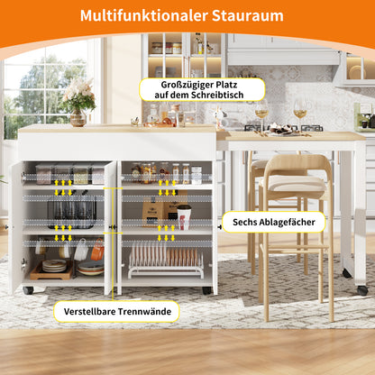Ausziehbarer Bartisch 118-180cm, Stehtisch mit 6 Ablagefächern, Weiß
