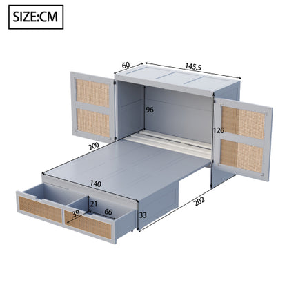 Schrankbett 140 x 200 cm, Wandbett mit Lattenrost, Wandklappbett, Rattan-Design, Holzbetten, Jugendbetten, Einzelbetten, Grau