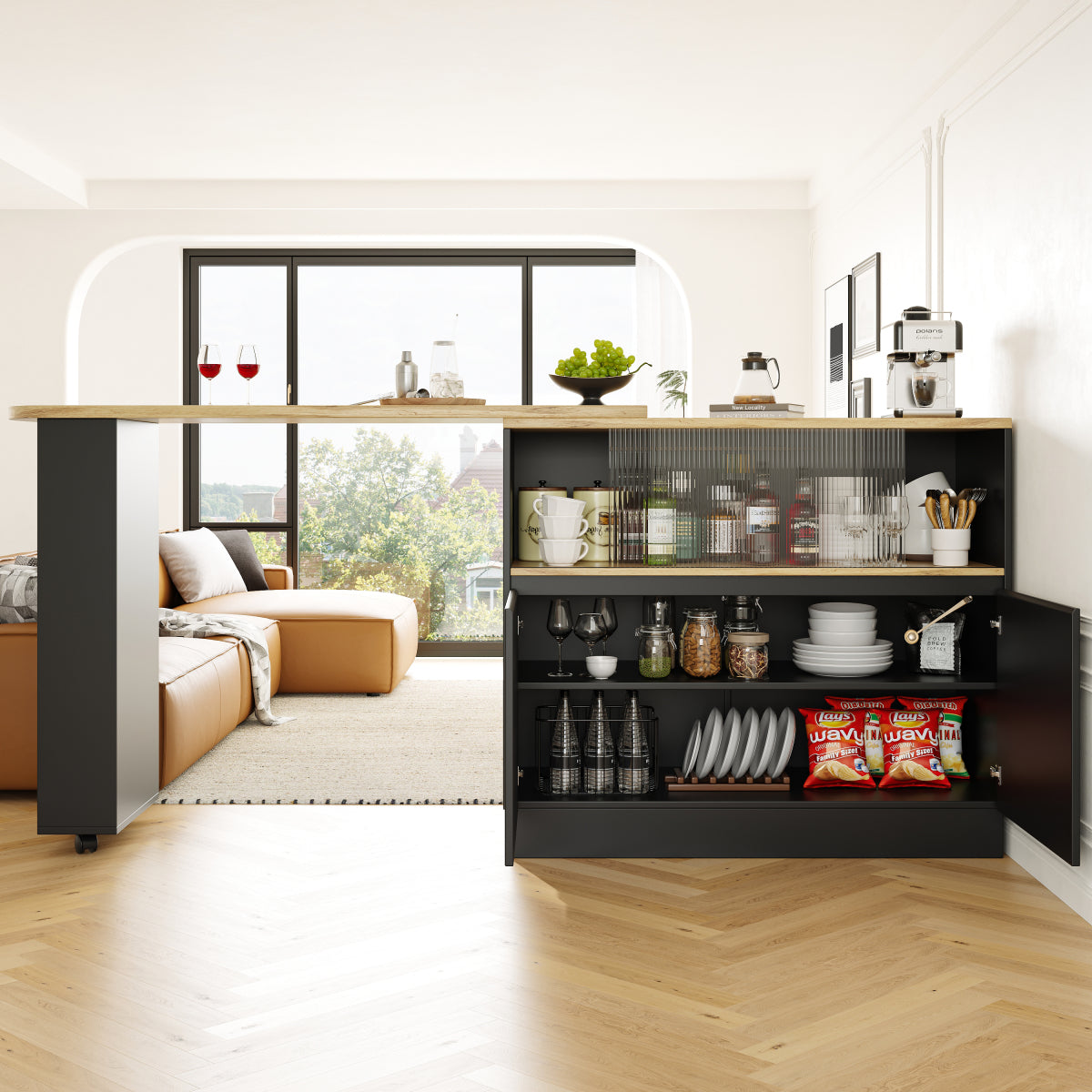 Kücheninsel mit 360° Rotation, Barschrank mit Glasschiebetür & Stauraum, Weiß & Holzoptik, multifunktionaler Küchentisch & Sideboard