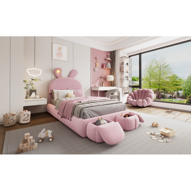 Polsterbett, Einzelbett, Hasenohren mit einstellbarer Helligkeit warmfarbenen Lichtstreifen, mit zwei Aufbewahrungshockern, Kinderbett mit Holzlatten, Samt, Rosa, 90x200cm
