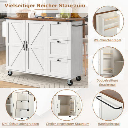 Kücheninsel, Servierwagen mit ausziehbarer Arbeitsplatte, Küchenschrank,Küchentrolley,Speisewagen mit Holzmaserung, Speisewagen mit zwei Türen und drei Schubladen