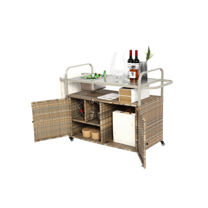 Outdoor Bar Table, Wicker Bar Cart with Cabinet, Patio Serving Cart with steel Top, with one ice bucket,Lockable Wheels, Side Basket for Garden, Poolside & Backyard, Beige