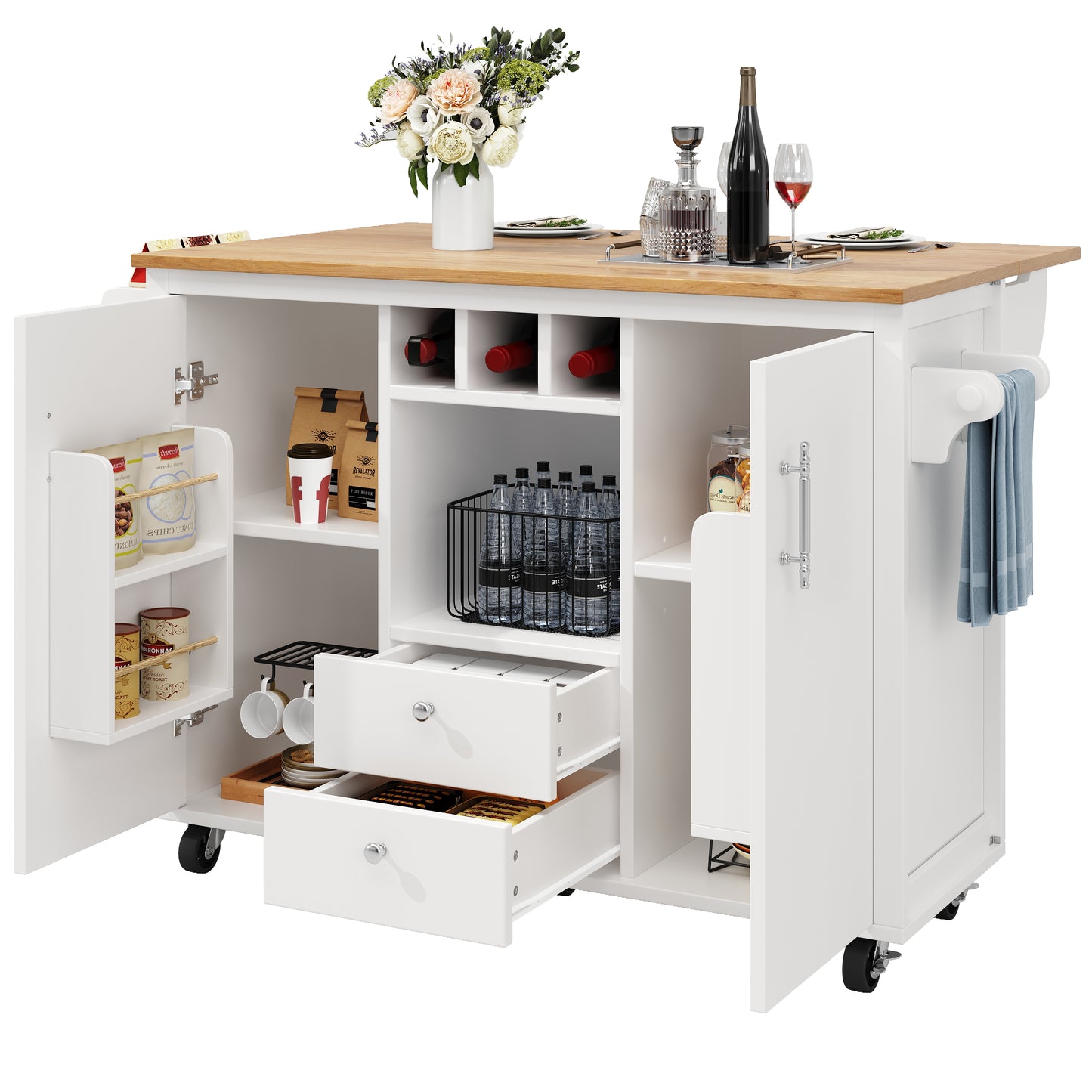 Kücheninsel Buffetschrank 120x73x92cm Küchenwagen mit klappbarer Arbeitsplatte Gewürzregal Weinregal und verstellbaren Ablagen Weiß