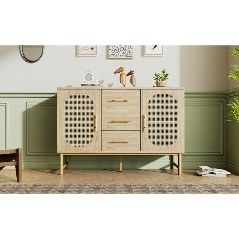 Rattan kommode mit 3-Schubladen und 2-Rattan-Türer,kommode schrank, Schminktisch, für Schlafzimmer und Wohnzimmer, Verstellbare Regale, Kippschutz, 120 x 40 x 74 cm, Sonoma Eiche