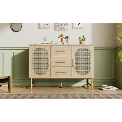Rattan kommode mit 3-Schubladen und 2-Rattan-Türer,kommode schrank, Schminktisch, für Schlafzimmer und Wohnzimmer, Verstellbare Regale, Kippschutz, 120 x 40 x 74 cm, Sonoma Eiche