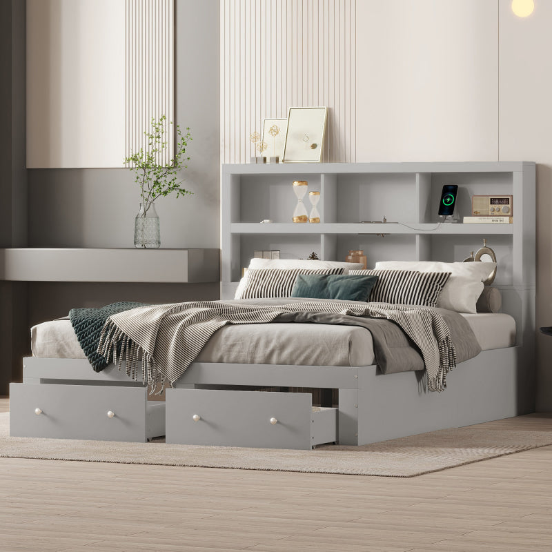160*200cm Doppelbett, Kingsize-Plattformbett mit zwei Schubladen am Fußende des Bettes, Kopfteil mit Stauraum, Grau