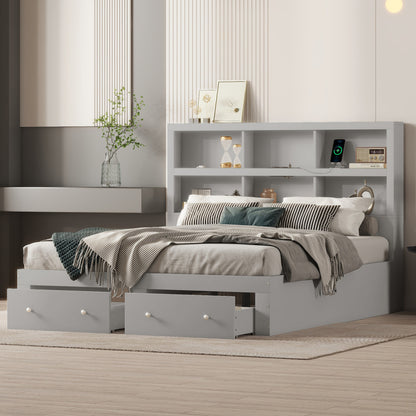 160*200cm Doppelbett, Kingsize-Plattformbett mit zwei Schubladen am Fußende des Bettes, Kopfteil mit Stauraum, Grau
