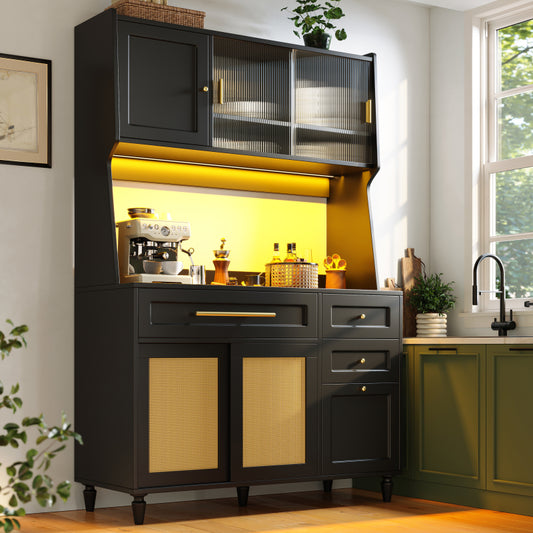 Küchenschrank, Esszimmerschrank mit 3 Schubladen,Sideboard mit LED-Beleuchtung, PE-rattan, schwarz