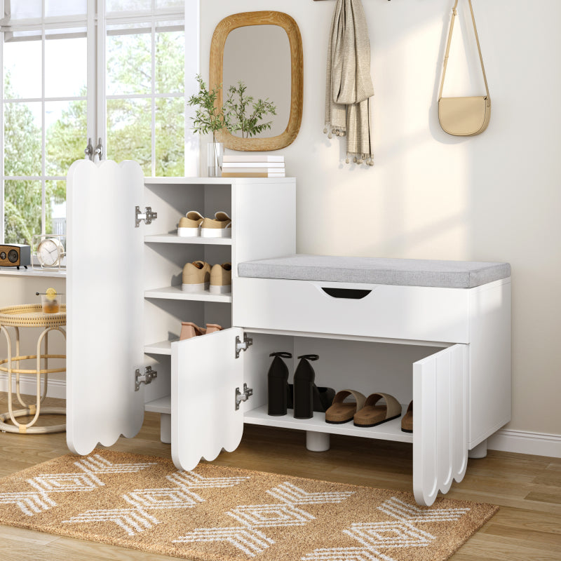 Moderner 3-Türen-Schuhschrank mit Schublade & Sitzpolster, Stilvolle Schuhbänke für Flur und Eingangsbereich, Weiß