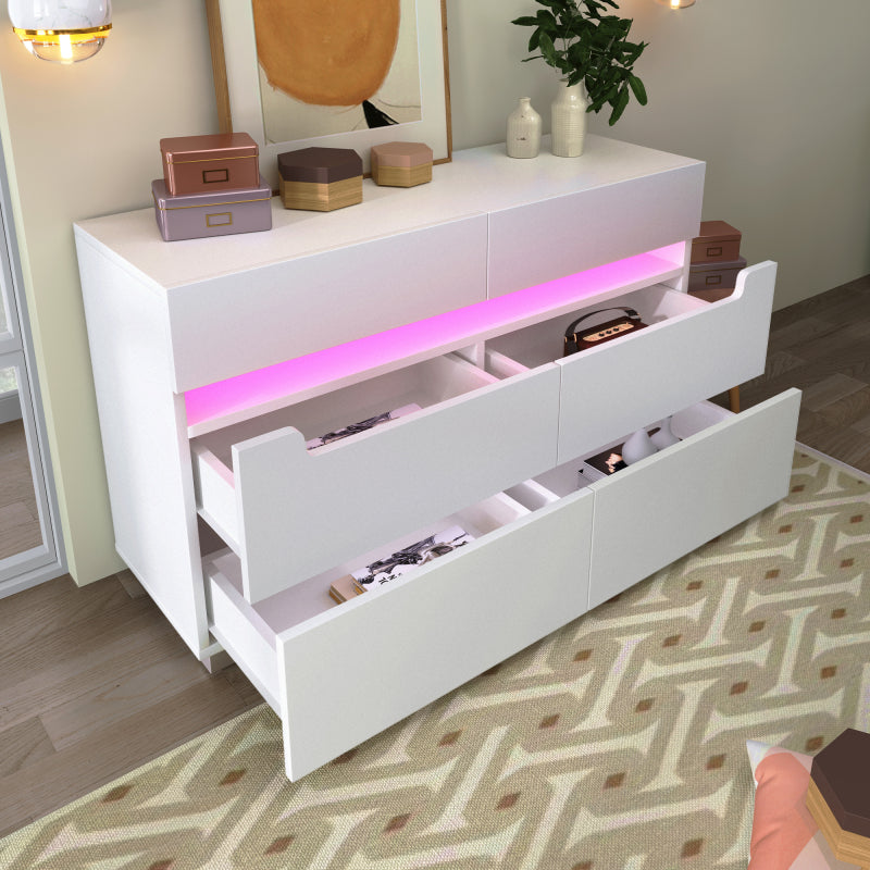 Kommode, Sideboard Holz mit 6 Schubladen, LED Beleuchtung (App Control), Mehrzweckschrank für Wohnzimmer und Schlafzimmer, 71 x 120 x 40 cm, Weiß