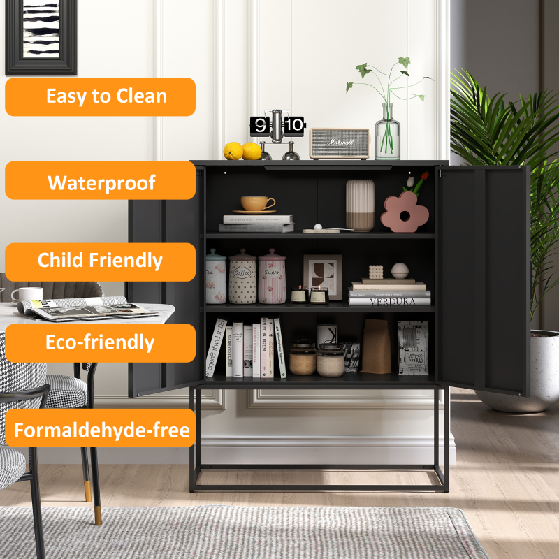 Metall-Sideboard,Lagerschrank– 2 Regale, freistehender Stahlschrank, Magnettüren, Anti-Kipp-Sicherung, Wohnzimmer, Küche, Büro, Schwarz, H 109 cm × B 85 cm × T 40 cm
