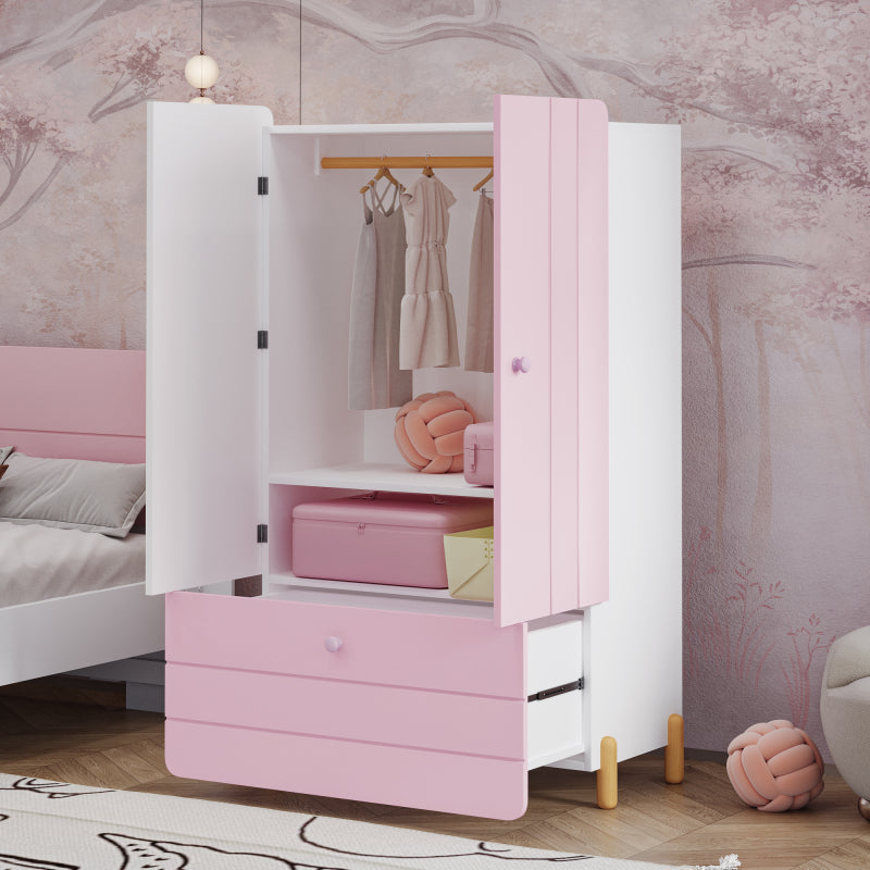 Geräumiger Kleiderschrank mit minimalistischen Linien und zarten holzfarbenen Füßen mit Staufächern, Schubladen und Kleiderbügeln, Farbblock-Design, Rosa