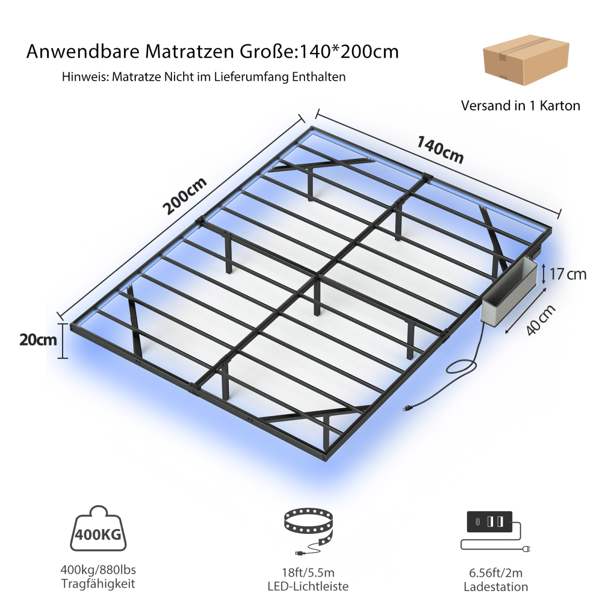 Schwebebett 140x200 Schwarz, Metallbett mit RGB LED (App & Musik Sync), Ladestation (USB/Typ-C), Schwebeoptik