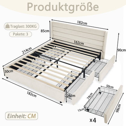 Doppelbett 160×200 cm aus Chenille mit 4 Schubladen, stabiles Bettgestell für Schlafzimmer & Eltern-Kind-Zimmer, Beige (ohne Matratze)