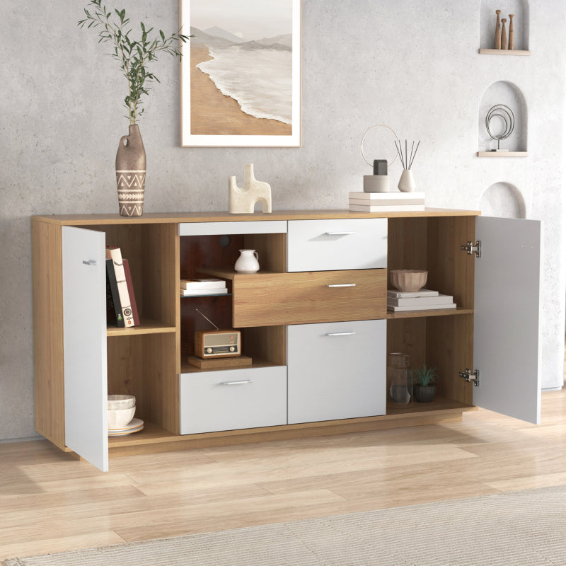 Modernes Sideboard-Schrank mit viel Stauraum, mit LED-Beleuchtung, 160x40x77cm, 2 Türen, 4 Schubladen, Glasablage, Holzoptik, Weiß,Wohnzimmermöbel, Organizer, Kommode, Mehrzweckschrank.