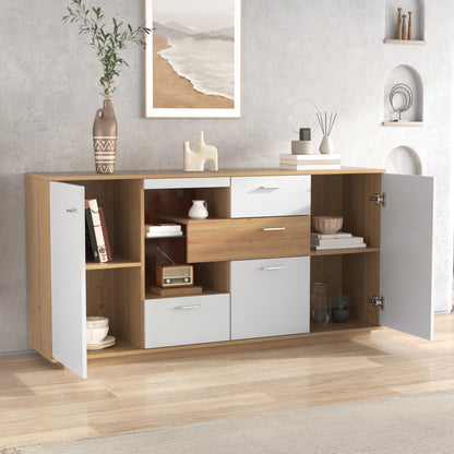 Modernes Sideboard-Schrank mit viel Stauraum, mit LED-Beleuchtung, 160x40x77cm, 2 Türen, 4 Schubladen, Glasablage, Holzoptik, Weiß,Wohnzimmermöbel, Organizer, Kommode, Mehrzweckschrank.
