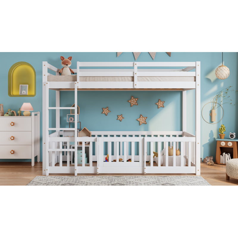 Etagenbett mit rechtwinkliger Treppe, Bett mit Zäune und Türchen, Kinderbett mit Fallschutz und Gitter, Massivholz, weiß (200x90cm)