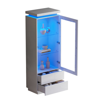 Weiß Hochglanz Vitrine 60x40x171cm mit App-LED & 2 Schubladen, Glasvitrine Hochschrank mit Acryltür, Standregal Wohnzimmerschrank