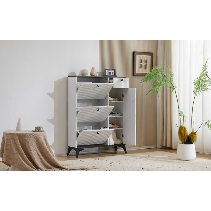 Schuhschrank mit 3 Klappen, 1 Schublade und 1 Tür, Schuhregal, Schuhkipper schmal, Schuhschrank weiß