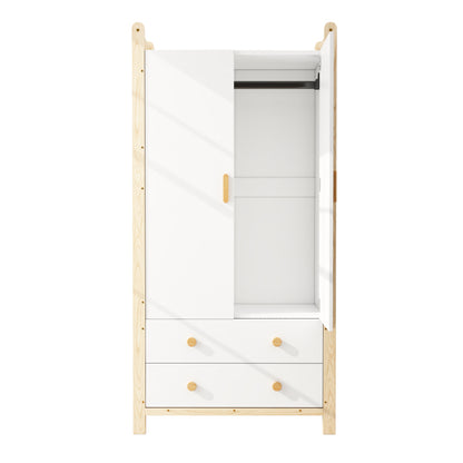 2-türiger Kleiderschrank, Kleiderschrank mit Kleiderstange, für Schlafzimmer, Wohnzimmer, Flurgarderobe geeignet,  weißer Körper + Kieferrahmen