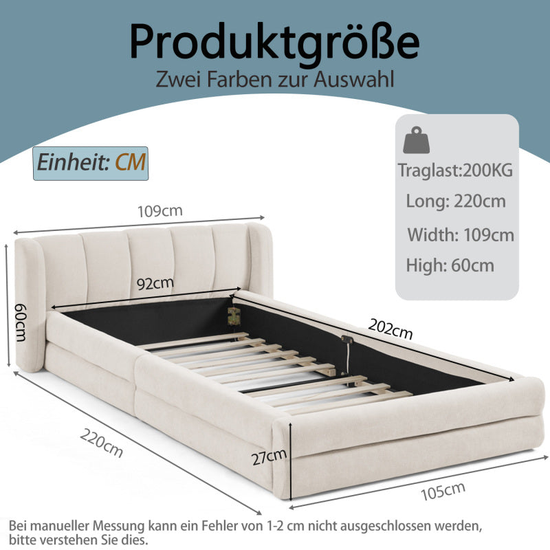 Einzelbett 90x200 cm, hautfreundlicher Chenille Stoff, komfortables Rückenlehne, auch als Kinderbett geeignet, Beige (ohne Matratze)