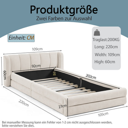 Einzelbett 90x200 cm, hautfreundlicher Chenille Stoff, komfortables Rückenlehne, auch als Kinderbett geeignet, Beige (ohne Matratze)