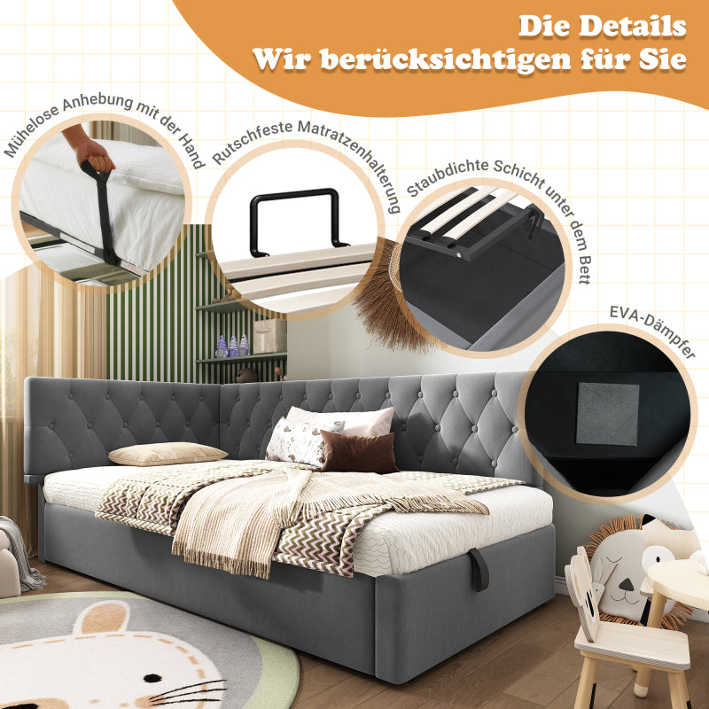 Polsterbett Tagesbett Daybett 90x200cm, Schlafsofa mit hydraulischem Stauraum, Kinderbett Jugendbett Bettgestell mit Lattenrost aus Holz, Samt, Grau, ohne Matratze.