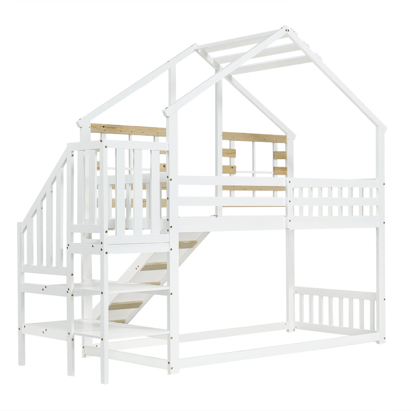 Etagenbett, Holzbett mit Treppe und Gitter, mit Rutsche und Fenster, Blockhaus Kinderbett mit Absturzsicherung, Bettrahmen aus Massivholz, Weiß(90x200 cm)