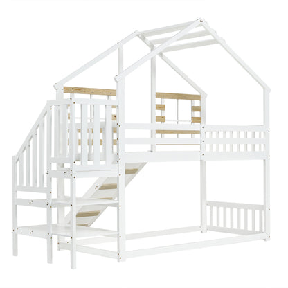 Etagenbett, Holzbett mit Treppe und Gitter, mit Rutsche und Fenster, Blockhaus Kinderbett mit Absturzsicherung, Bettrahmen aus Massivholz, Weiß(90x200 cm)