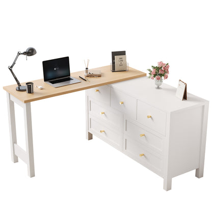 Schreibtisch mit 7-Schubladen Kommode -2-in-1 Dreh Werkbank und Sideboard, Eichenoptik, 360° drehbare Tischplatte, weiß / natur