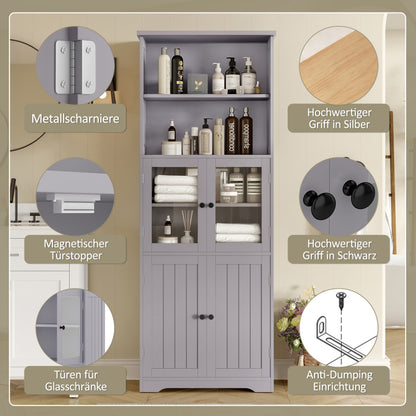 57.5 x 28.5 x 160cm Badezimmer-Hochschrank mit Stauraum, feuchtigkeitsbeständige Farbe, Glasschranktür, Holzschranktür, zwei offene Ablagefächer, verstellbare Trennwände, einfache Textur, Grau