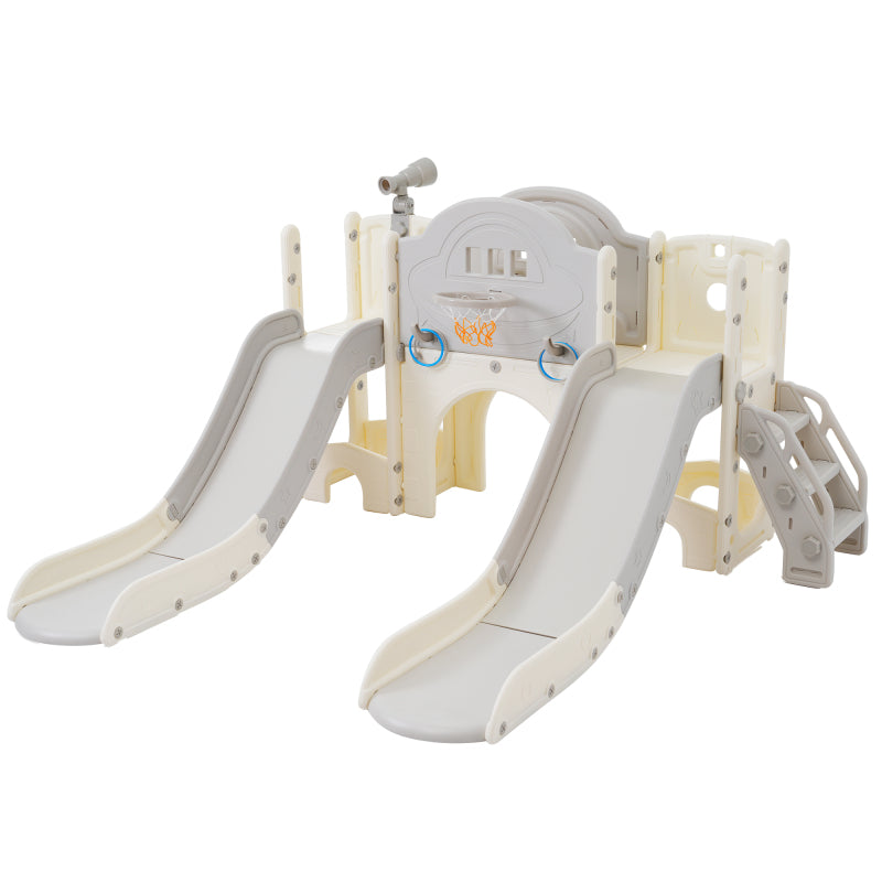 8 in 1 Kinderrutsche Kletterspielzeug, Multifunktionsrutsche mit 2 Rutschen, freistehende Rutsche, Klettern, Bohrspiel, Stauraum, Spielkorridor, Basketballkorb, Lasso-Spiel, Teleskop. Hergestellt aus